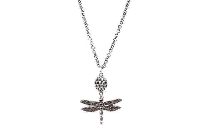 A Pandora dragonfly pendant and necklace in sterling silver and 14 carat yellow gold