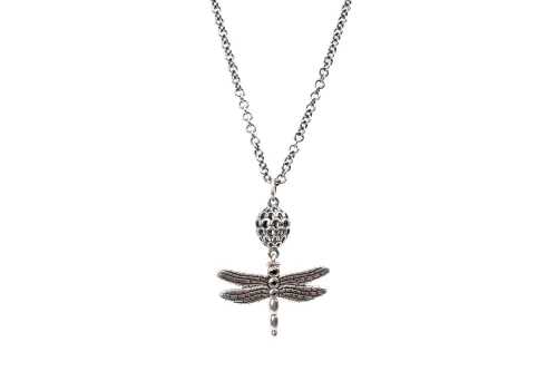 A Pandora dragonfly pendant and necklace in sterling silver and 14 carat yellow gold