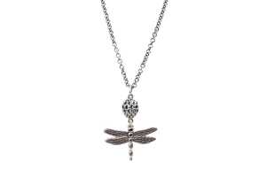 A Pandora dragonfly pendant and necklace in sterling silver and 14 carat yellow gold
