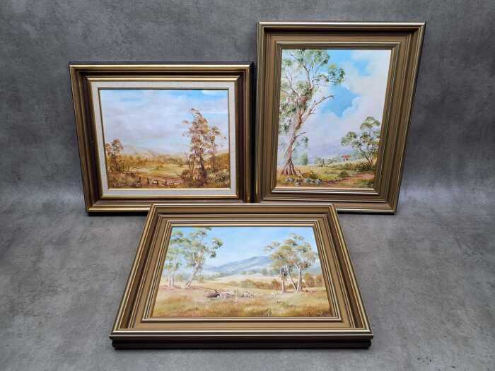 Rosemarie Bes, Australian bush scenes, c. 1980s. Three framed oil paintings on board