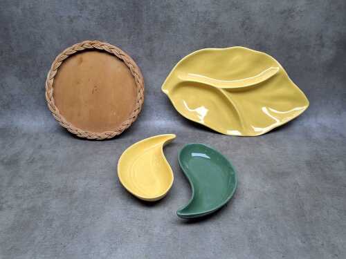 Sylha ceramic dishes in green and yellow, including yin-yang style on a wicker tray