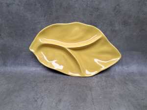 Sylha ceramic dishes in green and yellow, including yin-yang style on a wicker tray - 2