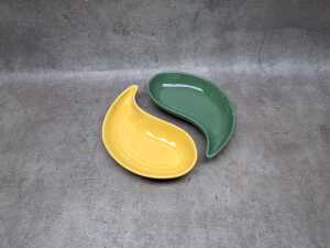 Sylha ceramic dishes in green and yellow, including yin-yang style on a wicker tray - 3