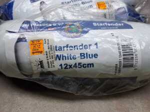 Five Majoni Starfender boat fenders in blue and white. - 2