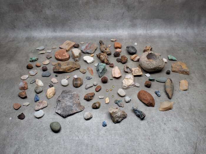 Group of rock and fossil specimens and worked flints