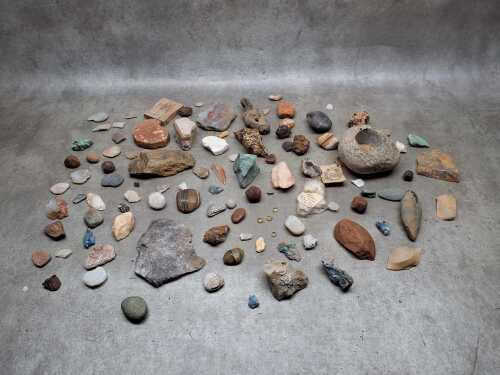 Group of rock and fossil specimens and worked flints