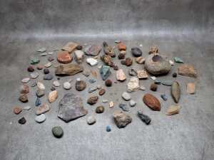 Group of rock and fossil specimens and worked flints