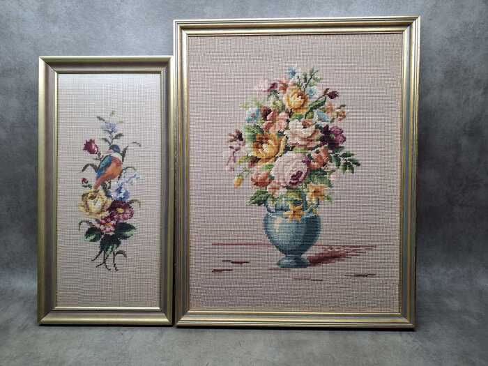 Two framed needlepoint tapestries of floral still lifes