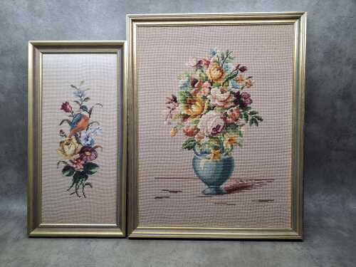Two framed needlepoint tapestries of floral still lifes