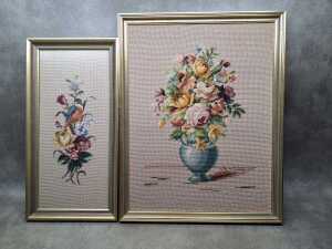 Two framed needlepoint tapestries of floral still lifes