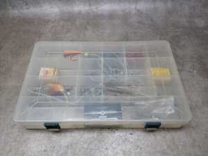 Green hardcase tackle box with tools and fishing accessories - 4