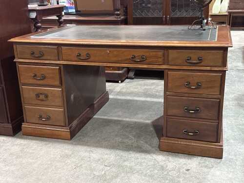 Reproduction twin pedestal desk with green leather inlay