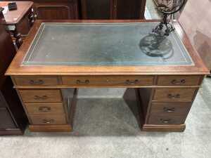 Reproduction twin pedestal desk with green leather inlay - 2