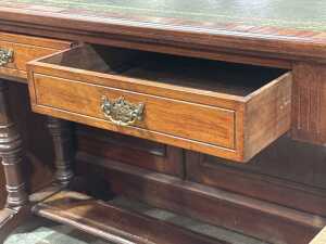 Antique timber console table with leather top - 2
