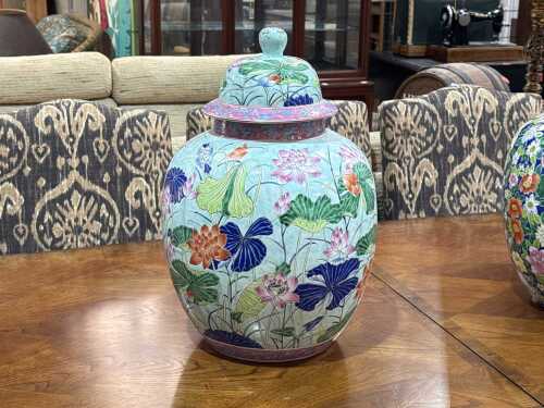 Light-green ceramic lidded floor ginger jar with floral decorations