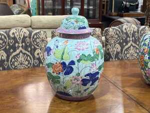 Light-green ceramic lidded floor ginger jar with floral decorations