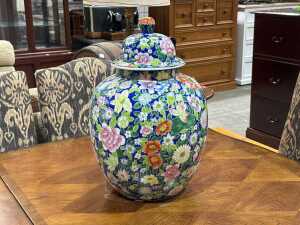 Blue ceramic lidded floor ginger jar with floral decorations