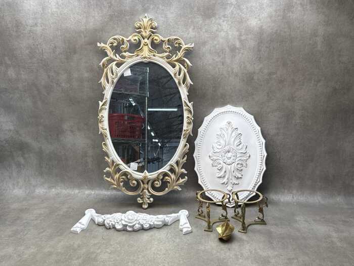 Rococo style gilt framed oval wall mirror with x2 plaster French-style architectural features