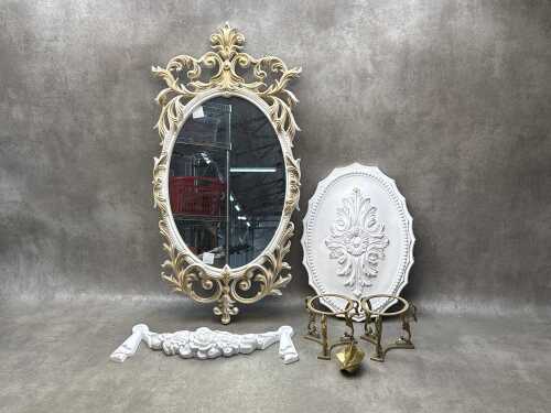 Rococo style gilt framed oval wall mirror with x2 plaster French-style architectural features
