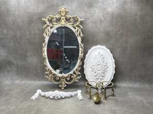 Rococo style gilt framed oval wall mirror with x2 plaster French-style architectural features