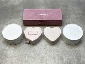 Five Pandora jewellery boxes in assorted shapes