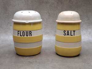 Five yellow and white ceramic Cornish Kitchenware, A/F - 2