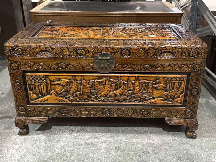 Chinese carved camphorwood blanket chest
