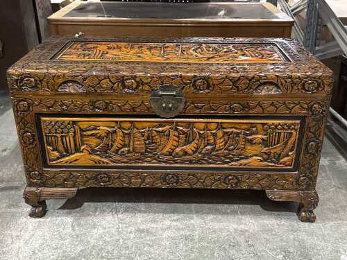 Chinese carved camphorwood blanket chest