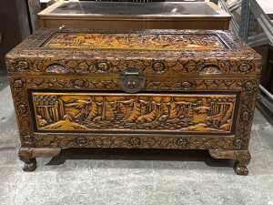 Chinese carved camphorwood blanket chest
