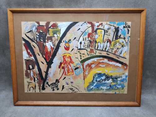 Artist unknown, going shopping. Acrylic painting on paper