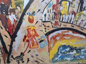 Artist unknown, going shopping. Acrylic painting on paper - 2