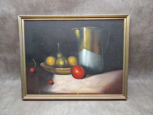 Grant, (Still life with fruit and jug), acrylic painting on board