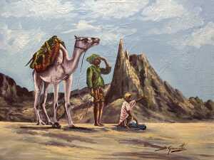 B. Giancotti, desert scene with camel, boy and man. Oil painting on canvas - 2