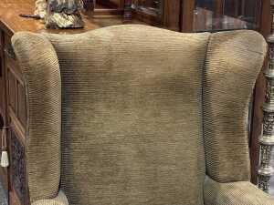Olive corduroy upholstered wingback armchair - 2