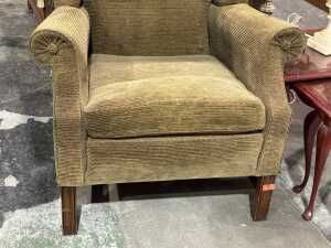 Olive corduroy upholstered wingback armchair - 3