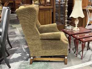 Olive corduroy upholstered wingback armchair - 4