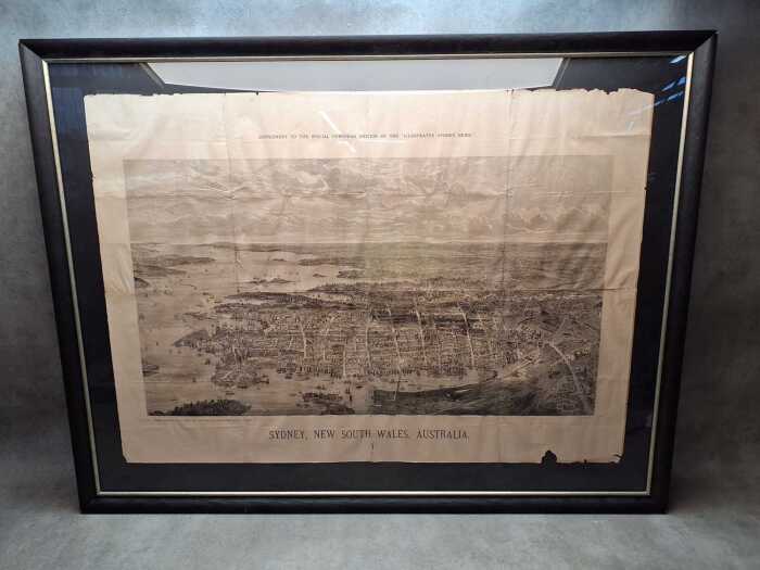 Antique etching on paper of a bird's eye view of Sydney, New South Wales c. 1884