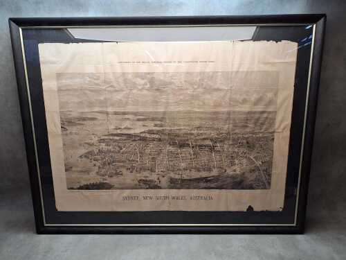 Antique etching on paper of a bird's eye view of Sydney, New South Wales c. 1884