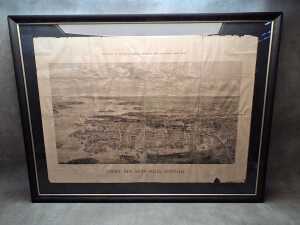 Antique etching on paper of a bird's eye view of Sydney, New South Wales c. 1884
