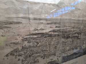 Antique etching on paper of a bird's eye view of Sydney, New South Wales c. 1884 - 5