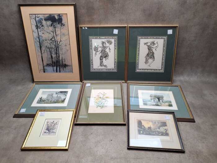 Assorted art prints including original etchings and Thai wood block prints, etc