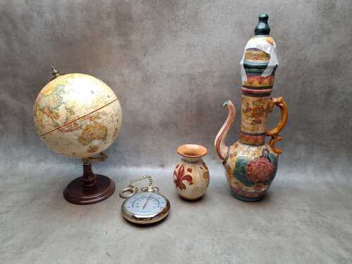 Assorted rustic decorator items including terra cotta water pot, Replogle globe, etc