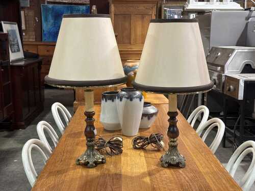 Pair of bronzed candlestick table lamps with turned timber body