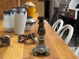 Pair of bronzed candlestick table lamps with turned timber body - 2