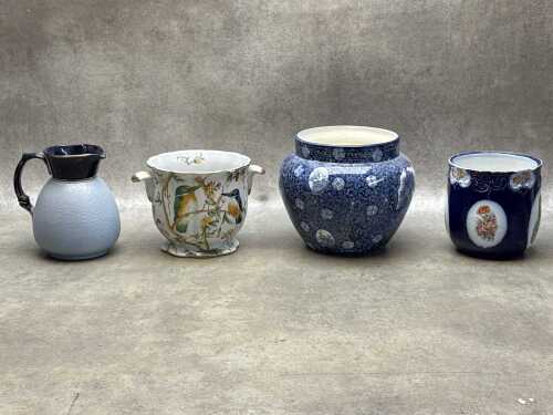 Three vintage porcelain jardinieres, together with a stoneware jug