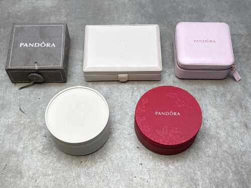 Five Pandora jewellery boxes in assorted shapes