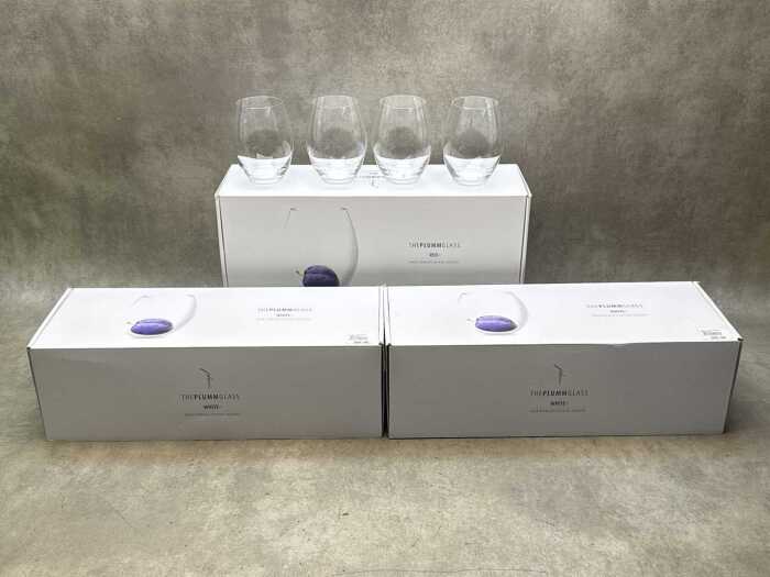 12 The PlummGlass stemless crystal glasses, in original boxes
