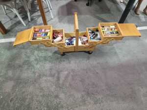 Sewaids mid-century cantilever timber sewing box on castors - 2