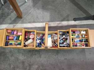 Sewaids mid-century cantilever timber sewing box on castors - 3