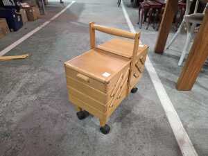 Sewaids mid-century cantilever timber sewing box on castors - 4